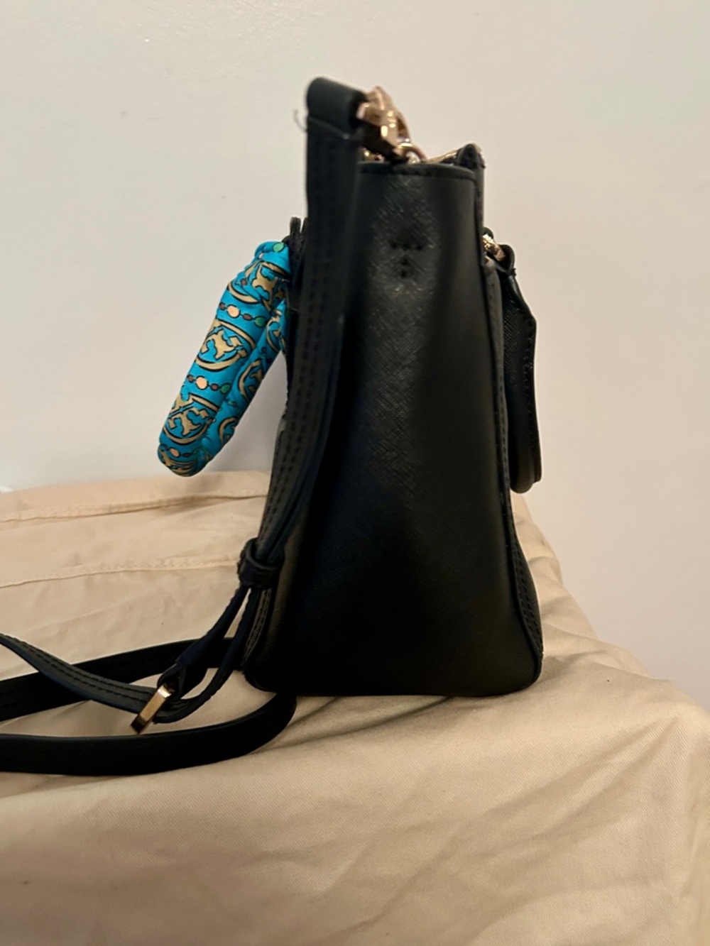 Tory Burch dark Navy Leather Satchel with Turquoise Scarf-Wrapped Handle - Picture 6 of 8